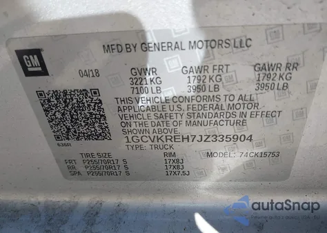 2018 Chevrolet Silverado 1500 1Lt из США, поврежденный, VIN 1GCVKREH7JZ335904